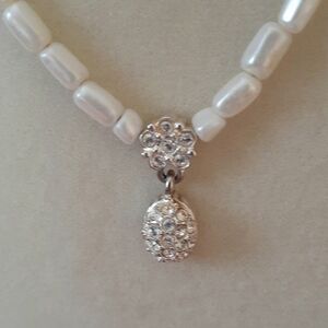 Elegant Silver and White Pearl Necklace With Dangling White Crystals